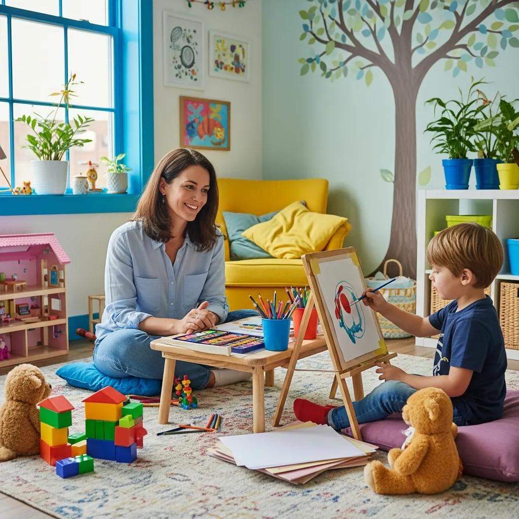 Child psychologist conducting a therapy session with a young child, using toys to facilitate communication