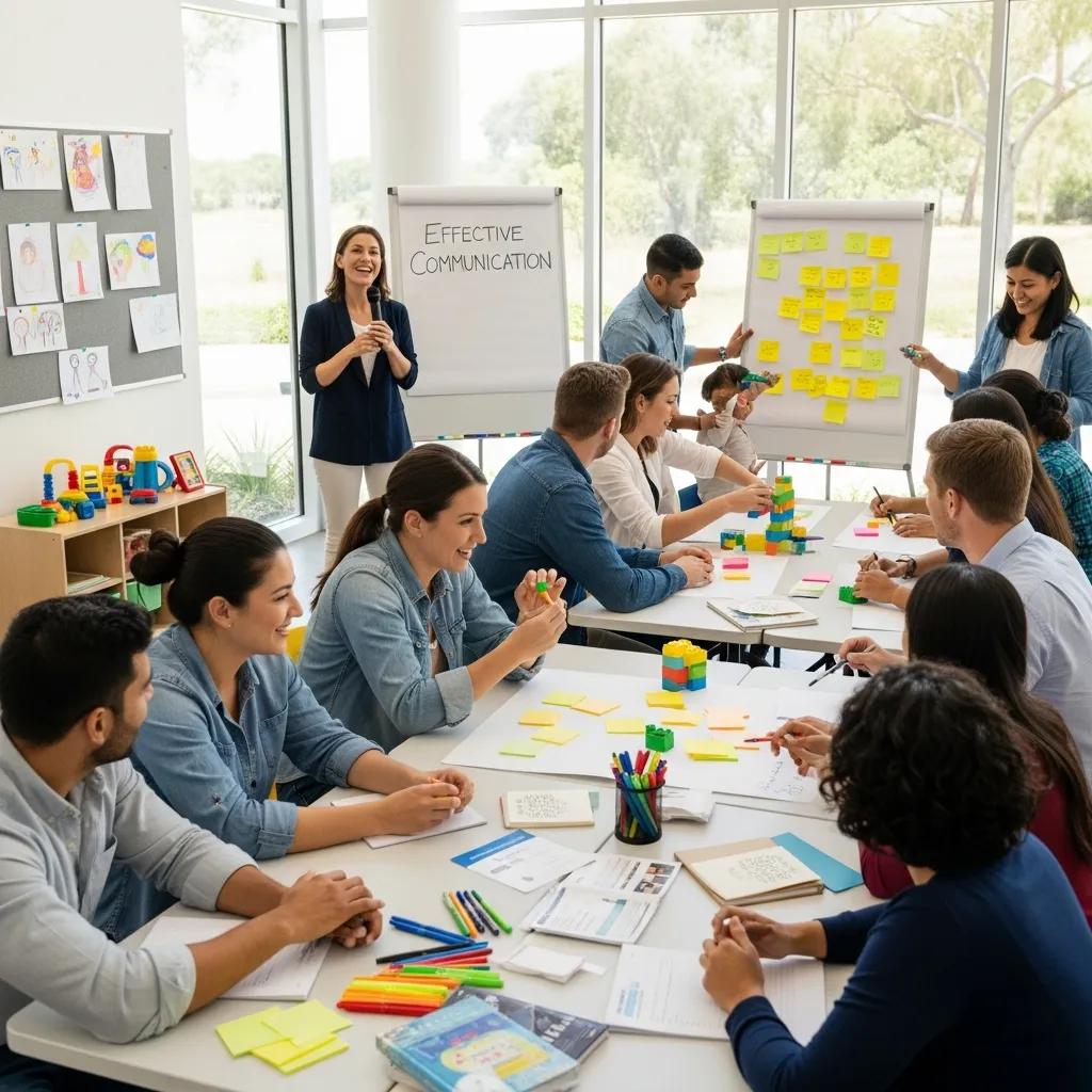 Parents participating in a lively parenting workshop, engaging in discussions and activities with a facilitator